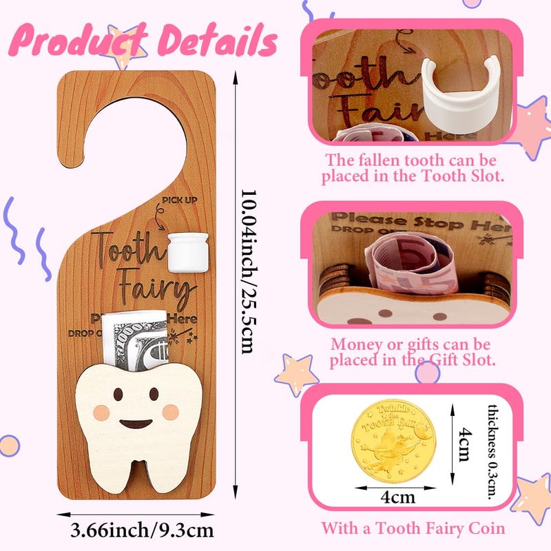 WALLFID 2-in-1 Design Tooth Fairy Door Hanger,Tooth Design Tooth Fairy Tooth Holder with Gift Compartment,Tooth Fairy Gifts Including Tooth Fairy Coins,Ideal for Celebrating Lost Teeth (Wood 1) - Image 2